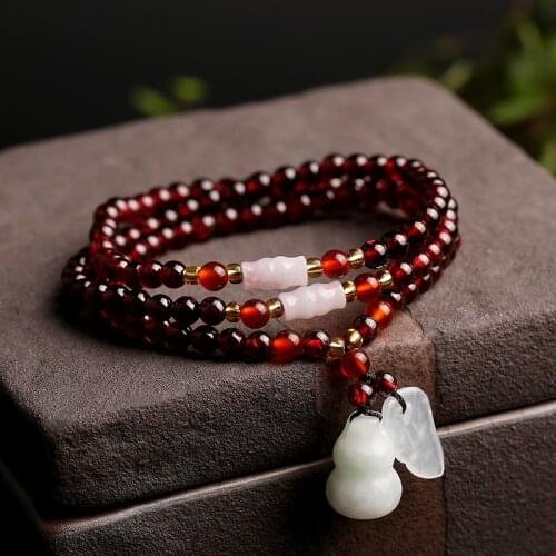 Ethnic 3 Laps Wine Red 5mm Natural Garnet Beaded Strand Bracelets for Women Gourd Jade Bracelet Fine Jewelry 2021 New YBR440