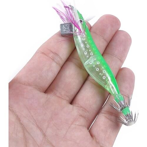 HENGJIA 5pcs 2.0# Squid Jigs Sea Fishing Tackle Hard Bait Wood Shrimp Squid Hooks 10CM 9G