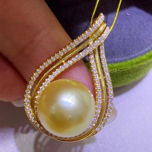 HENGSHENG 2021 New sterling silver drop Pendant Natural Seawater Golden 11-12mm Round Big Pearls Pendant Fine Jewelry For Women