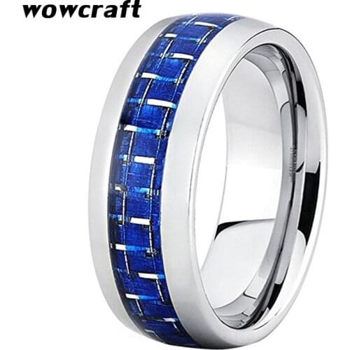 8mm Tungsten Carbide Ring Blue Carbon Fiber Inlay Tungsten Engagement Rings Mirror Polished Finish Women Wedding Bands