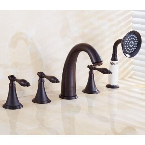 Oil Rubbed Brass Five Hole Deck Mount Bathroom Tub Faucet Set with Handheld Shower Spray Head Mixer Tap Dtf055