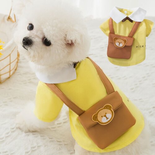 Cute Spring Dog Clothes for Small Dogs Gentleman Bow Tie Shoulder Bag Shirt Casual Pet Costume Bear Pattern Sweet Puppy Clothes