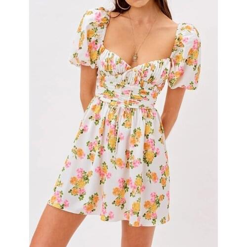 GypsyLady Flower Printed Mini Dress Summer Boho Smocked Chic Holiday Dress Women Puff Sleeve Ruffles Ladies Party Female Dresses