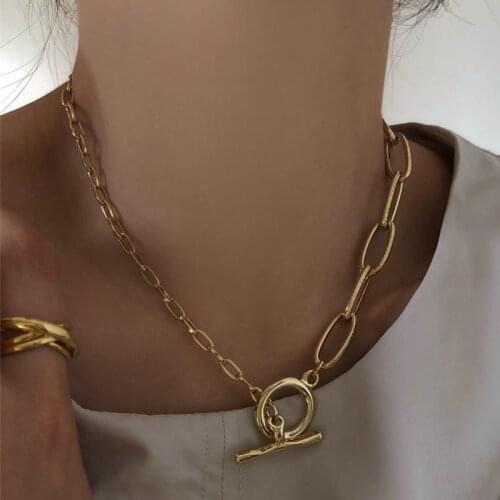 Minar Minimalist Asymmetric Toggle Clasp Circle Pendant Necklaces for Women Chunky Link Chain Chokers Necklace Korean Jewelry