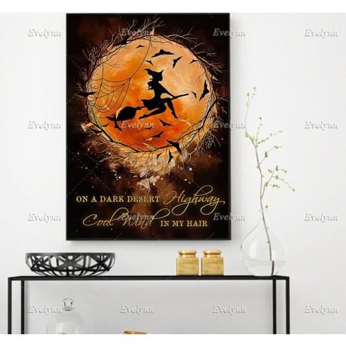 On A Dark Desert Highway Witch Retro Poster/All Saints' Day Magic Lovers Wall Art Prints Home Decor Canvas Gift Floating Frame