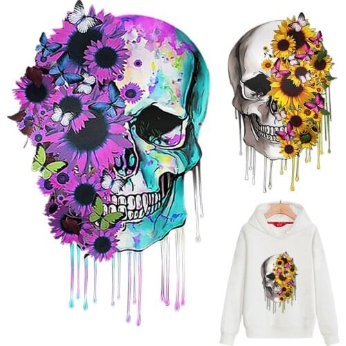 Diy Clothing Accessories Iron On Patches For Clothes Sun Flower Skull Heat Transfer Vinyl Transfert Thermo T-shirt Washable