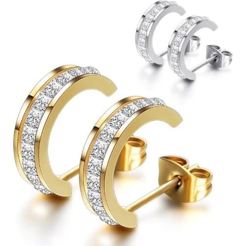 Stainless Steel Cz Stones C Shaped Hoop Earrings Women Jewelry Gold Crystal Minimalism Earrings Gift For Him