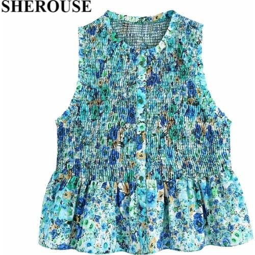 2021 New Summer Women Floral Printed Tops Slim Waist Pleated Tank Tops Chic Lady Fashion Casual Woman Clothes