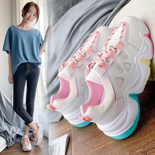 2020 spring and summer new all-match breathable casual sports shoes old shoes womens thick-soled increased net shoes X383