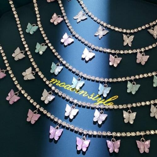 Charm 7 Butterfly Necklace Pendant Rhinestone Jewelry Women Silver Color Bling Crystal Tennis Chain Choker Necklace Wholesale