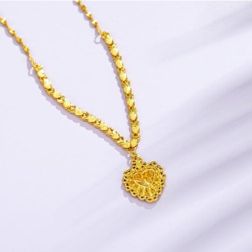 24K Gold Necklaces Pendant for Women Simple Retro Heart Necklace for Wedding Engagement Fine Jewelry Chain Colgantes Charms Gift