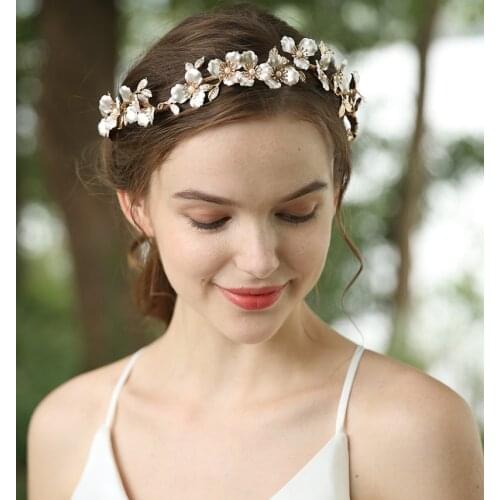 Boho Gold Floral Wedding Headband Bridal Hair Crown Leaf Headpiece Hand wired Women Hair Tiara Accessories