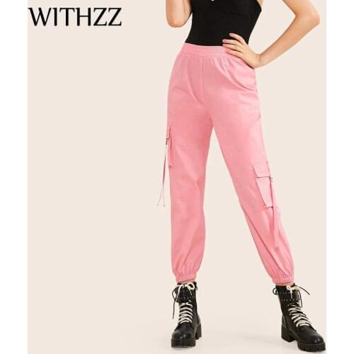 WITHZZ Spring Womens Elastic Waist Flap Pocket Side Webbing Cargo Pants