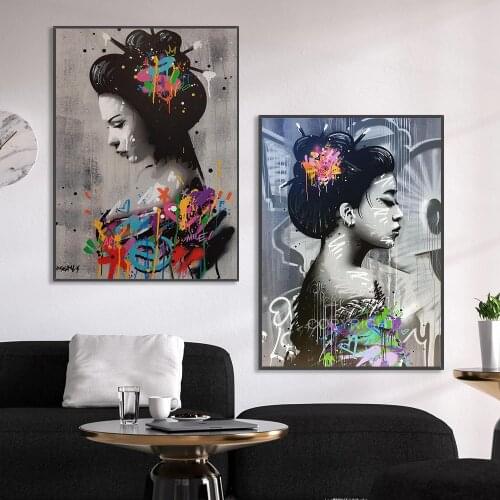 Japanese kimono woman Canvas Paintings Colorful Graffiti Art Portrait Posters and Print Wall Art Pictures For Living Room Decor