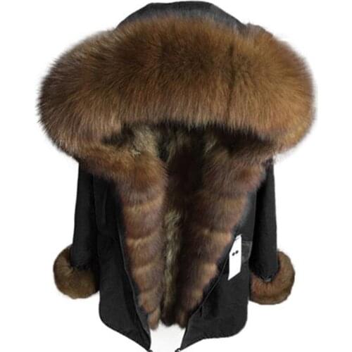 7XL Real Natural Fox Collar Coat Natural Raccoon Fur Lining Winter Jacket Long Hooded Thick Warm Women Parkas