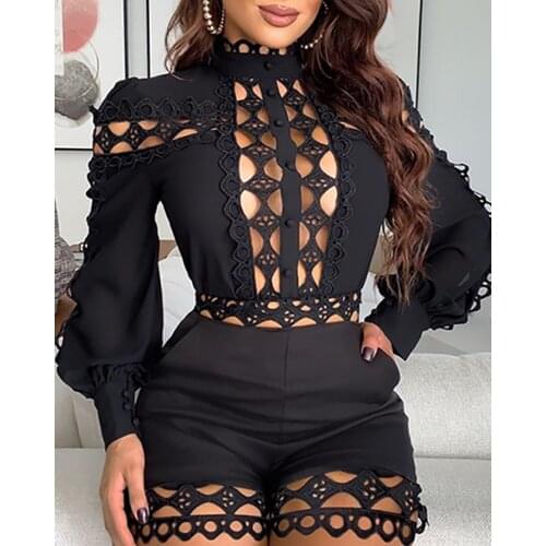 Womens Hollow Romper Summer Jumpsuit Long Sleeve High Cut Round Neck Ruffle Hem Shorts