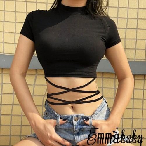 2018 New Women Midriff-baring Slim Summer Casual Crop Top Short Sleeve Solid white Sexy cross strap T-Shirt