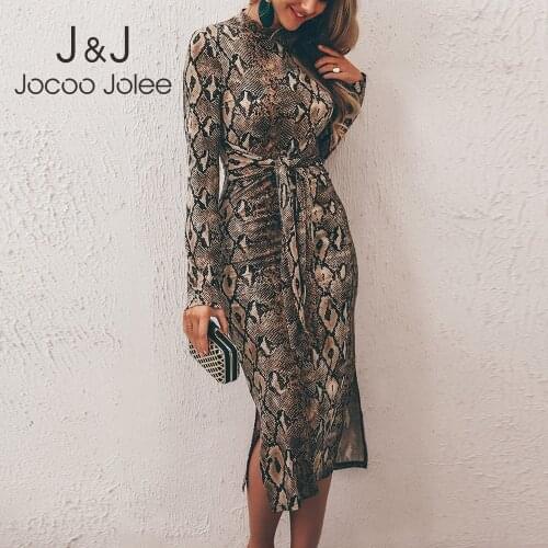 Women Vintage Bodycon Long Dress Animal Snake Print Midi Dress Lace Up Skinny Party Club Dress Long Sleeve Slim Dress New
