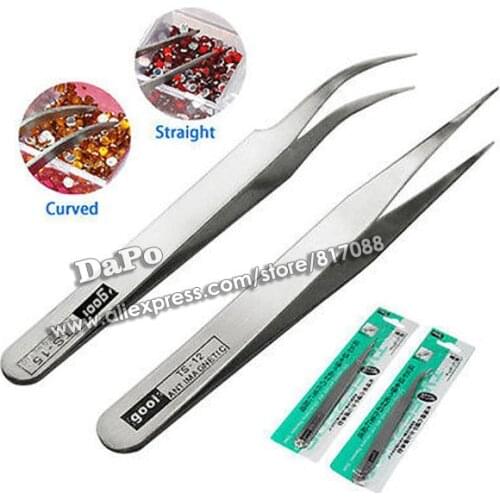 2Pieces Nail Art Acrylic Nonmagnetic Picking Tool Rhinestones Gems Nippers Tweezers Stainless Steel Curved Straight Tweezer Tool