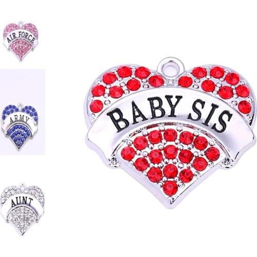 High Quality 20 pcs a lot rhodium plated AIR FORCE/ARMY/AUNT/BABY SIS with red/pink/blue/white crystal heart pendant