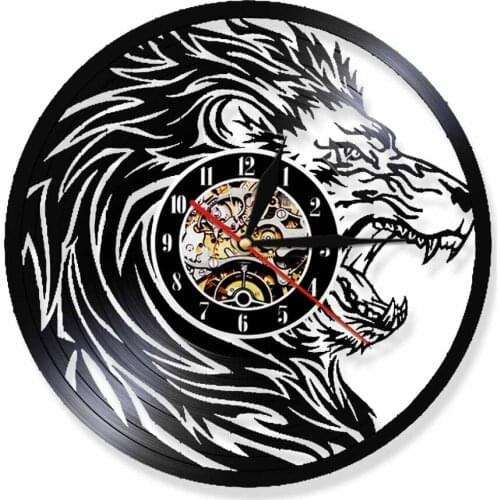 African Howling Lion Head Portrait Laser Cut Vinyl Record Wall Clock Wild Animals Home Decor Clock Handicraft Album Art Watch