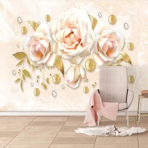 Custom 3D mural wallpaper European HD hand-painted golden rose butterfly marble wall background