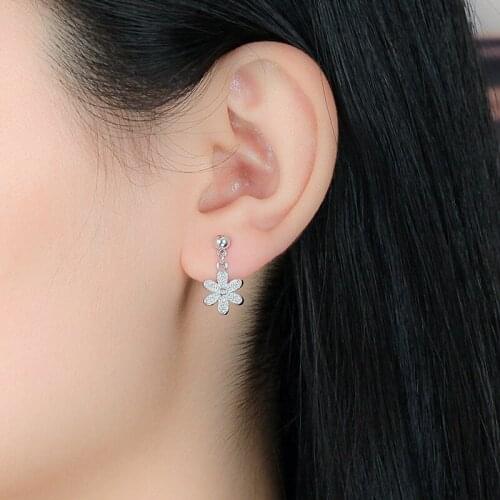 Pure 925 Silver Earrings Girl Drop Accessories Fashion Zircon Flower Long Earring For Women Jewelry Trendy Anniversary Gift