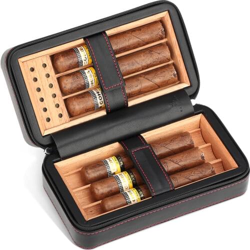 Galiner Leather Cigar Humidor Box Travel Portable Cedar Wood Cigar Case 4 Holder Cigar Box W/ Humidifier Hygrometer Gift Box