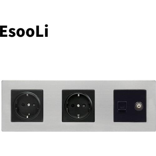 Esooli Stainless Steel Panel Double Wall Socket 16A EU Power Outlet + Female TV Jack with RJ45 CAT5E Internet Port Silver