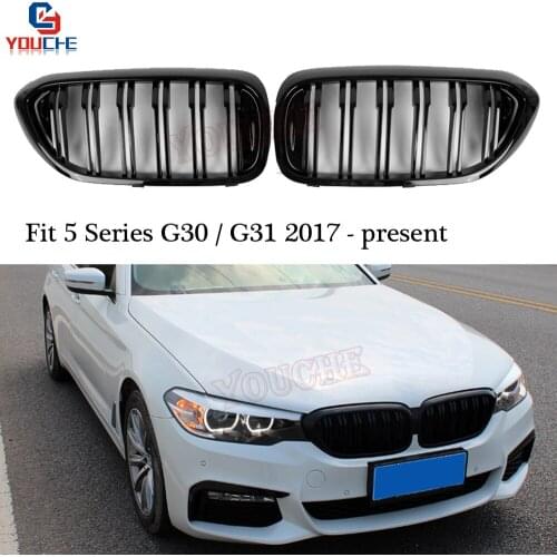 G30 2-Slat Front Bumper Kidney Grille Mesh For BMW 5 Series G30 G31 F90 M5 2017-2019 520i 530i 540i M550i Gloss Black Grille