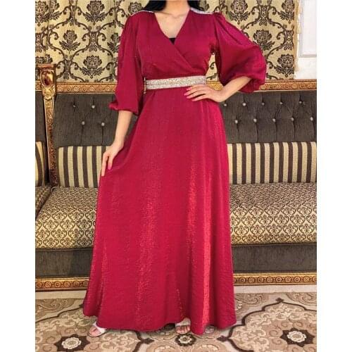 Eid Plus Size Summer Long Dress for Women Muslim Dubai Turkish Arabic Evening Abaya France Velvet Red Diamond Belt 2021 New