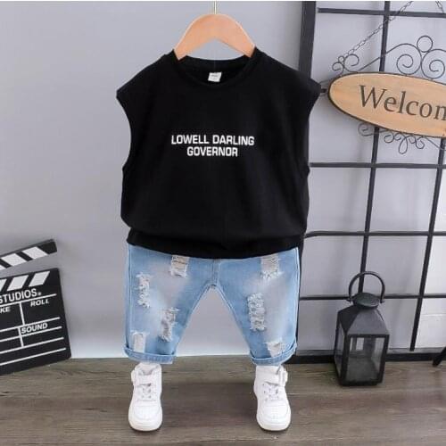 Childrens Clothes Sets Summer Infant Kids Clothes letter Cartoon Vest+Denim Shorts 2pcs Set Baby boys Clothing Sets 2-7-year