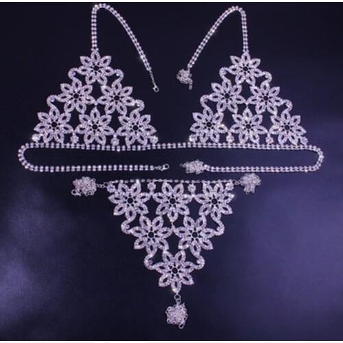 Sexy Lingerie Crystal Flowers Belly Body Chain Bra Top Bikini Thong set for Women Bling Rhinestone Bra and Thong Body Jewelry
