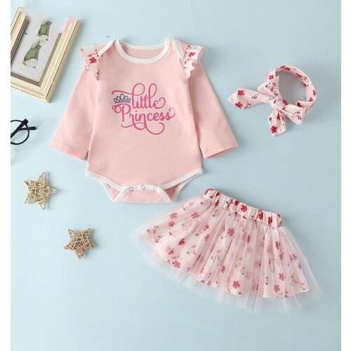 Baby Girls Clothes Sets 2020 Autumn Letter Print Full Sleeve Top+ Lace Dress+Headband 3-piece Kids Childrens Clothing Suit