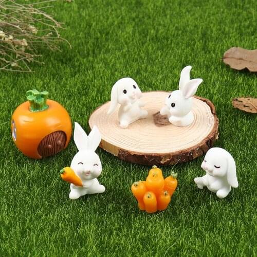 6Pcs/4pcs Easter Rabbit Carrot Miniature Garden Decor Animal Figurine Resin Craft Mini Bunny Easter Cake Home Desk Office Decor