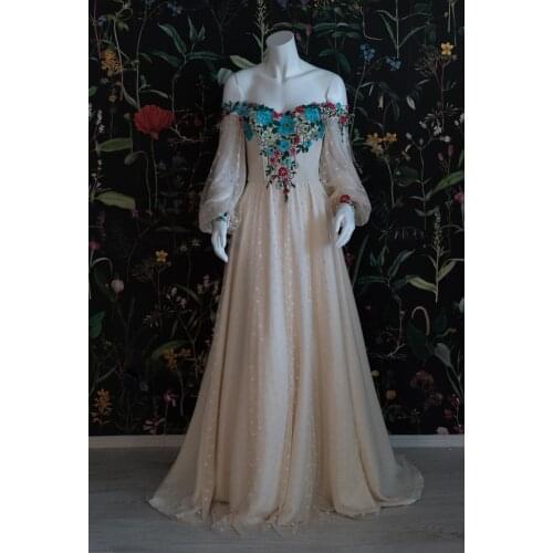 Boho Embroidery Prom Dress 2021 Long Sleeve Off Shoulder Evening Formal Party Gowns платье robe de soirée