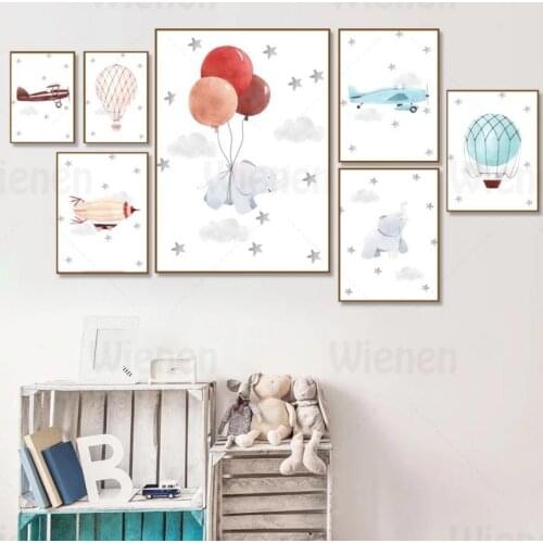 Nordic Canvas Painting Elephant Balloon Aircraft Cloud Hot Air Balloon Cartoon Picture Nursery Wall Art Poster Print Home Decor