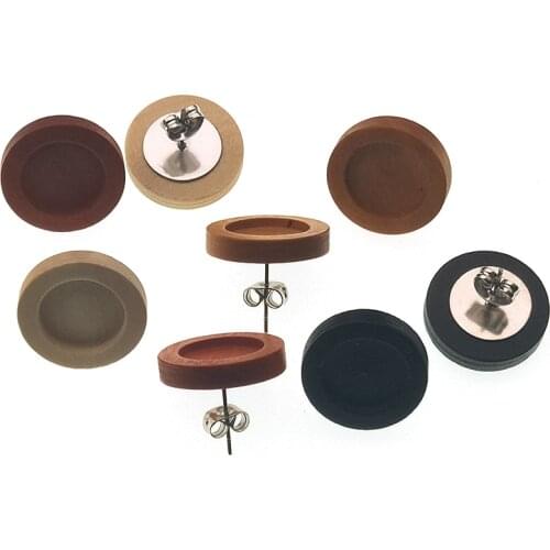 20pcs 12mm dia Blank Wood Cabochon Earring Base Stainless Steel Post Stud Earrings Settings Ear Pins for diy jewelry findings