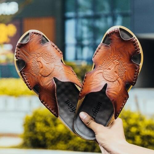 EMOSEWA 2020 New Fashion Summer Shoes Mens Slippers Genuine Leather Beach Sandals Men Casual Shoes Flip Flops Big Size 38~48