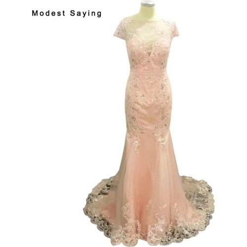 Sexy See Through Blush Pink Mermaid Lace Beaded Short Sleeve Evening Dresses 2017 Long Formal Party Prom Gowns Abendkleid BE105