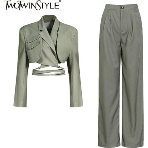 TWOTWINSTYLE Casual Two Piece Set For Women Notched Long Sleeve Lace Up Blazers High Waist Wide Leg Pants Solid Sets Female 2021