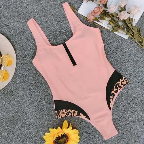 Women Pink Leopard Swimwear Sexy Zipper One Piece Swimsuit Female Bather High Cut Bathing Suit Push Up Monokini