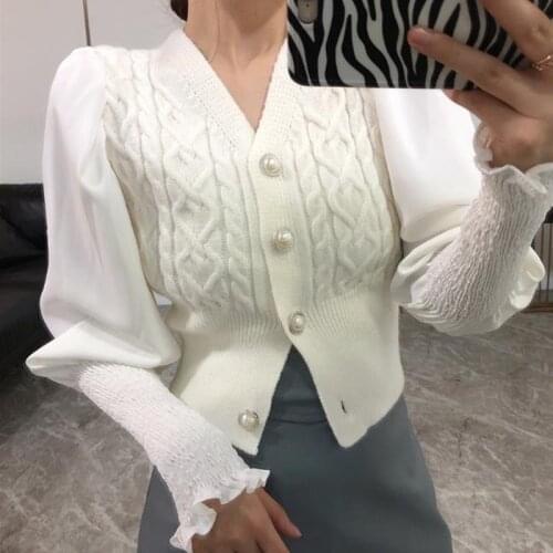 New loose fashion V-neck lantern sleeve stitching knitted cardigan womens high waist short sweater top