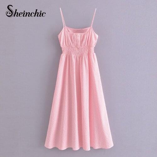 2021 Elegant Pink Plaid Women Midi Dress Sexy Spaghetti Strap Vestidos Verano Summer Party Dress for Female