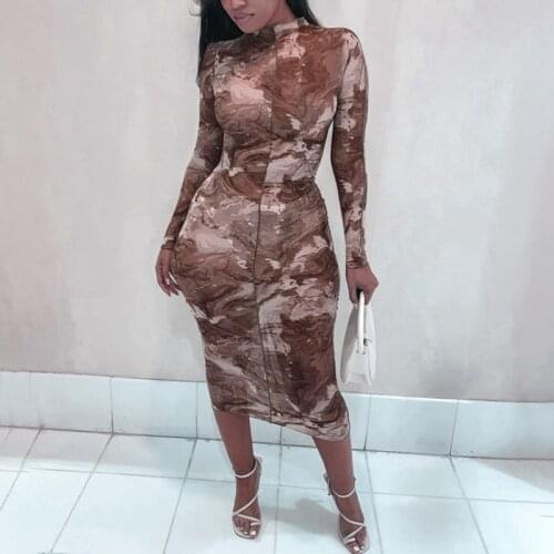 Women Summer Gauze Printed Bodycon Dress Women High Round Collar Autumn Wear Sexy Long Sleeve Slim Package Hip Dresses