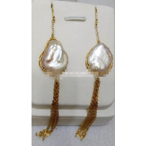 16-18mm white baroque South Sea Pearl gold tassel long earrings