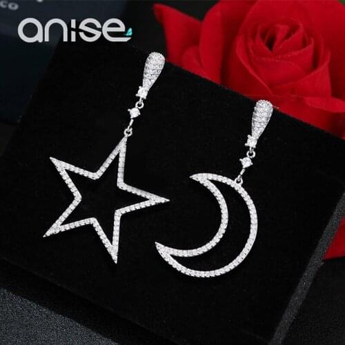 Anise Luxury Crystal Stud Earrings Rhinestone Hollow Moon Star Asymmetric Pendant Earrings For Women Fashion Aretes Jewelry