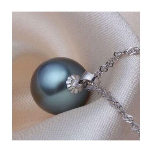 Free shipping Huge 14mm Natural tahitian genuine black round pearl necklace pendant AA
