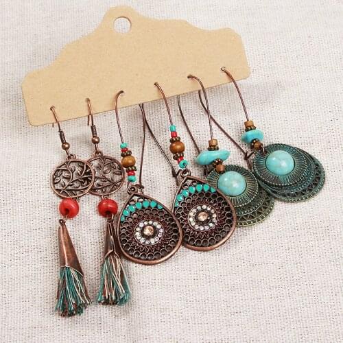 Bohemian Tassels Retro Earrings Set for Women Feather Droplets Round Dangle Earring 2020 New Earings Fashion Jewelry Bijoux