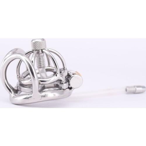 Small Stainless Steel Male Chastity Cage with Anti-off Ring Locking Metal Penis Ring with Urethral Plug Testicle Bondage Gear